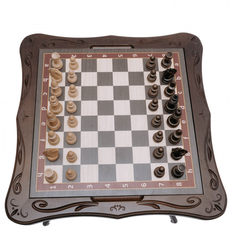 Kombinált asztal tömör bükkfából, művészi „Napoleon” faragással (Sakk/Backgammon/Kávé)